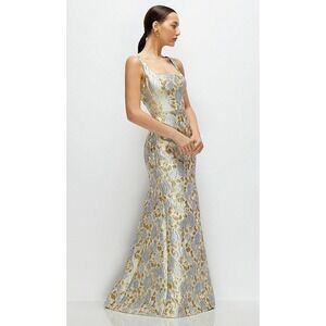 NWT Dessy Collection Bettina Gold Leaf Brocade Floral Maxi Dress Winter Mist